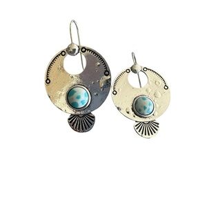 Round Geometric Silver Embossed Drop Earrings